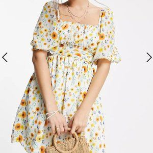ASOS DESIGN shirred waist belted mini dress in botanical floral print